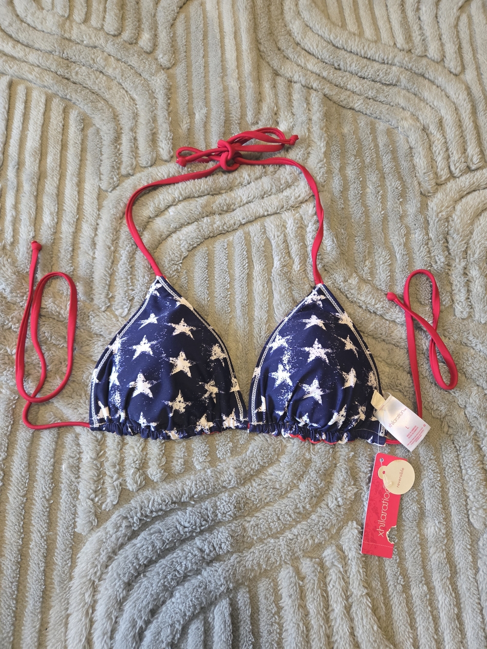 Women's Star Print Triangle Swim Top - Red White and Blue Reversible Size L